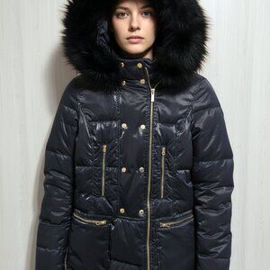 JUICY COUTURE Women XS Navy Blue Shiny Puffer Jacket Faux Fur Hood Gold Hardware